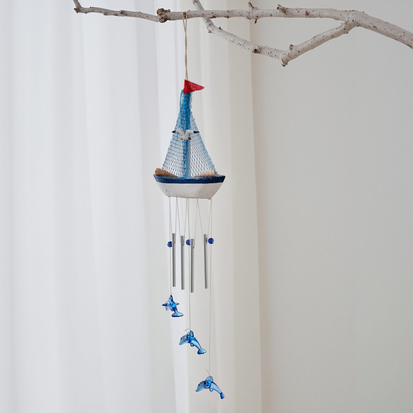 Mediterranean Style Wooden Sailboat Wind Chime