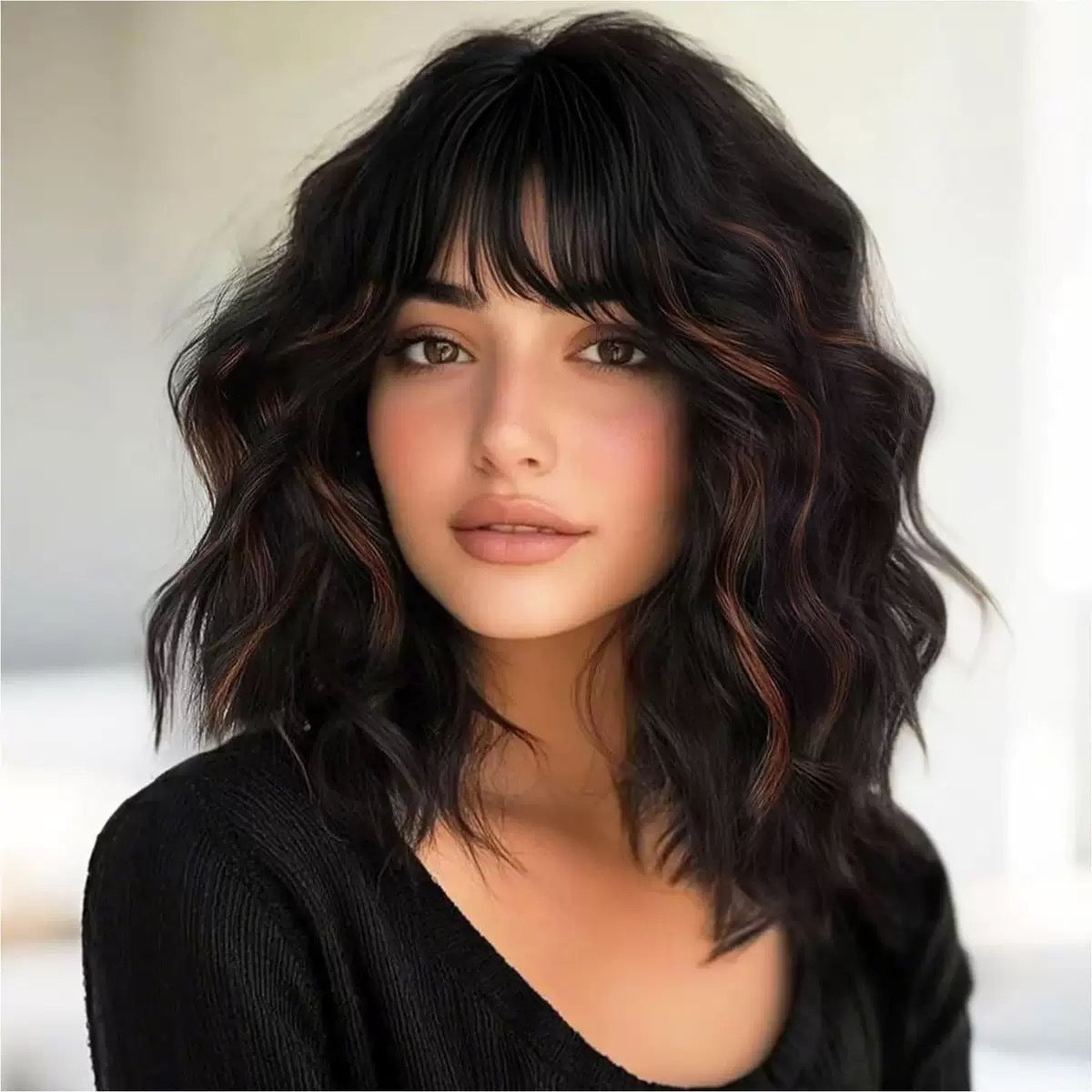 Medium Length Curly Synthetic Wig with Bangs