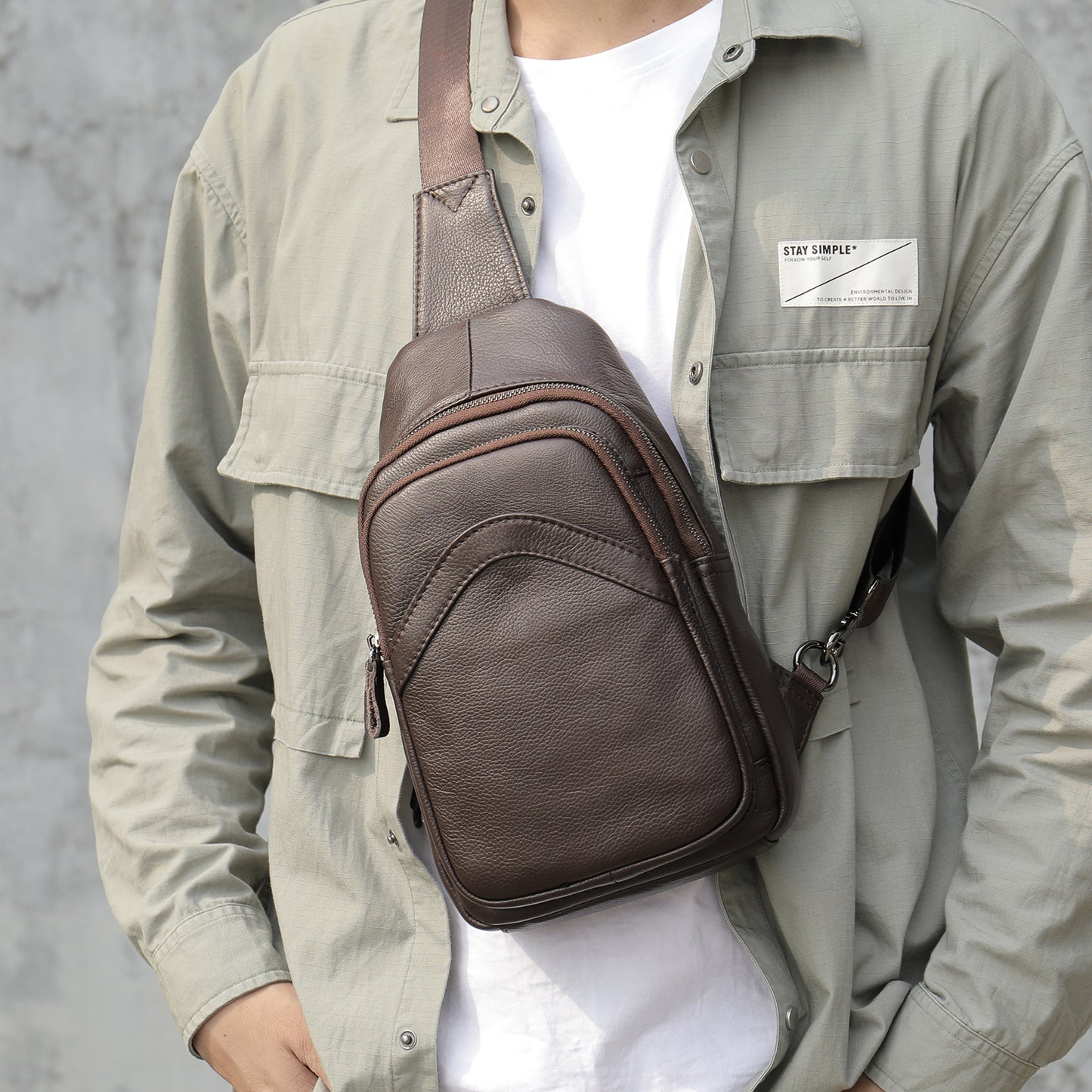 Men Genuine Leather Chest Bag Shoulder Messenger Bag
