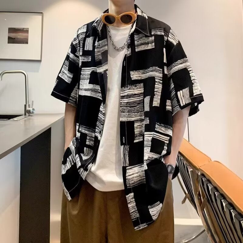 Men Ice Silk Short Sleeve Shirt Graffiti Print Loose Beach Shirt