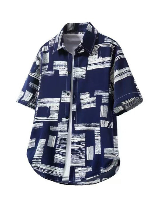 Men Ice Silk Short Sleeve Shirt Graffiti Print Loose Beach Shirt
