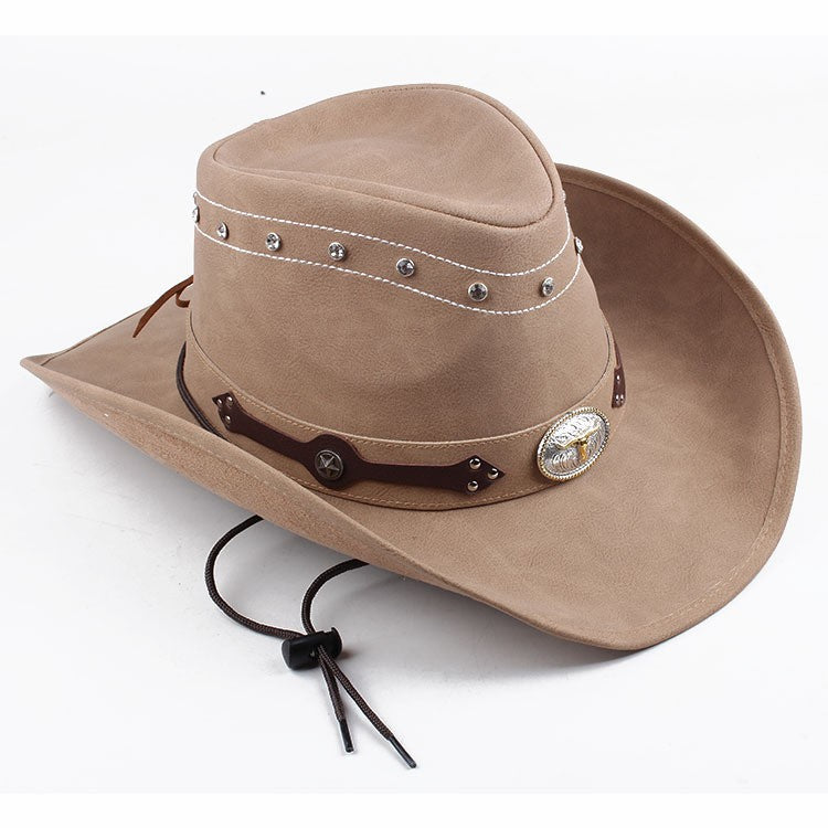 Men Large Brim Leather Sun Hat Cowboy Riding Hat Adjustable