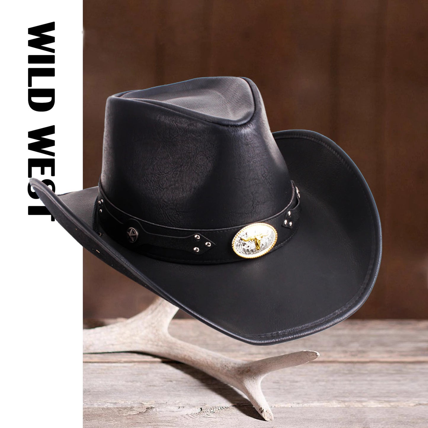 Men Large Brim Leather Sun Hat Cowboy Riding Hat Adjustable