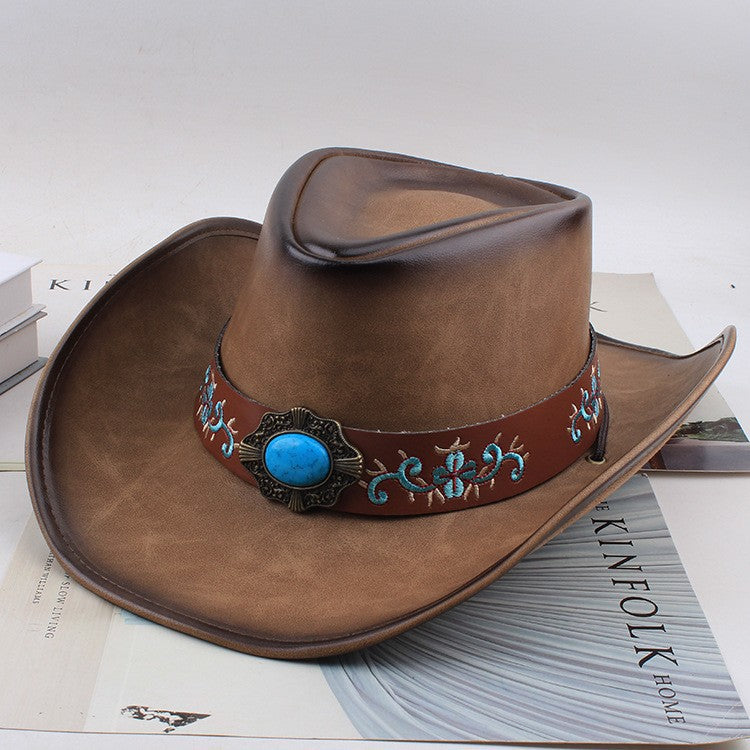 Men Large Brim Leather Sun Hat Cowboy Riding Hat Adjustable