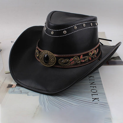 Men Large Brim Leather Sun Hat Cowboy Riding Hat Adjustable