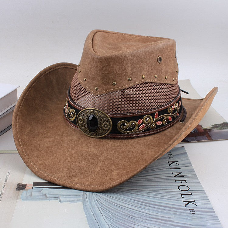 Men Large Brim Leather Sun Hat Cowboy Riding Hat Adjustable