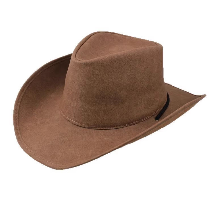 Men Large Brim Leather Sun Hat Cowboy Riding Hat Adjustable