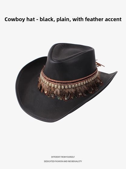 Men Large Brim Leather Sun Hat Cowboy Riding Hat Adjustable