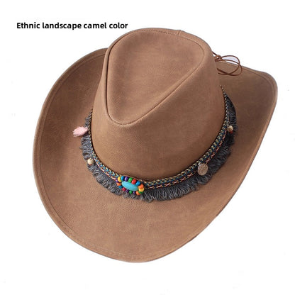 Men Large Brim Leather Sun Hat Cowboy Riding Hat Adjustable