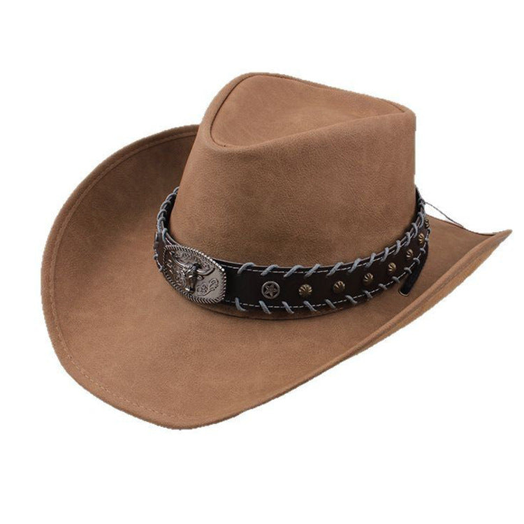 Men Large Brim Leather Sun Hat Cowboy Riding Hat Adjustable