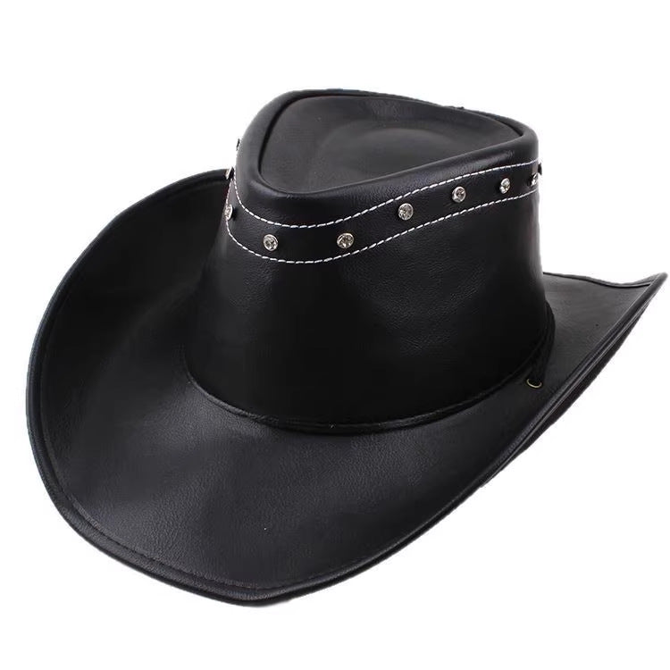 Men Large Brim Leather Sun Hat Cowboy Riding Hat Adjustable