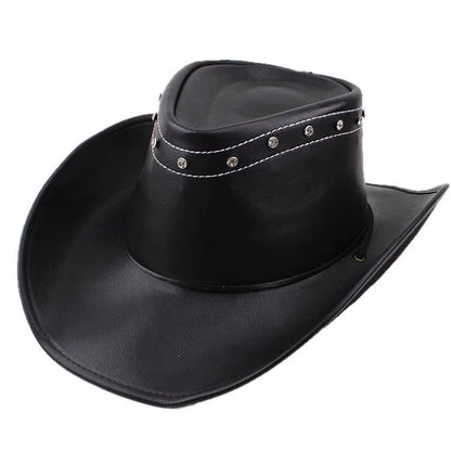 Men Large Brim Leather Sun Hat Cowboy Riding Hat Adjustable
