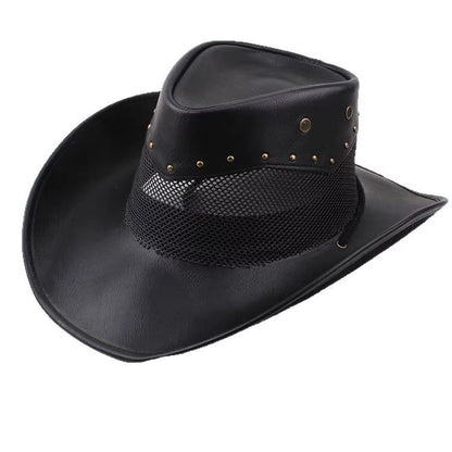 Men Large Brim Leather Sun Hat Cowboy Riding Hat Adjustable