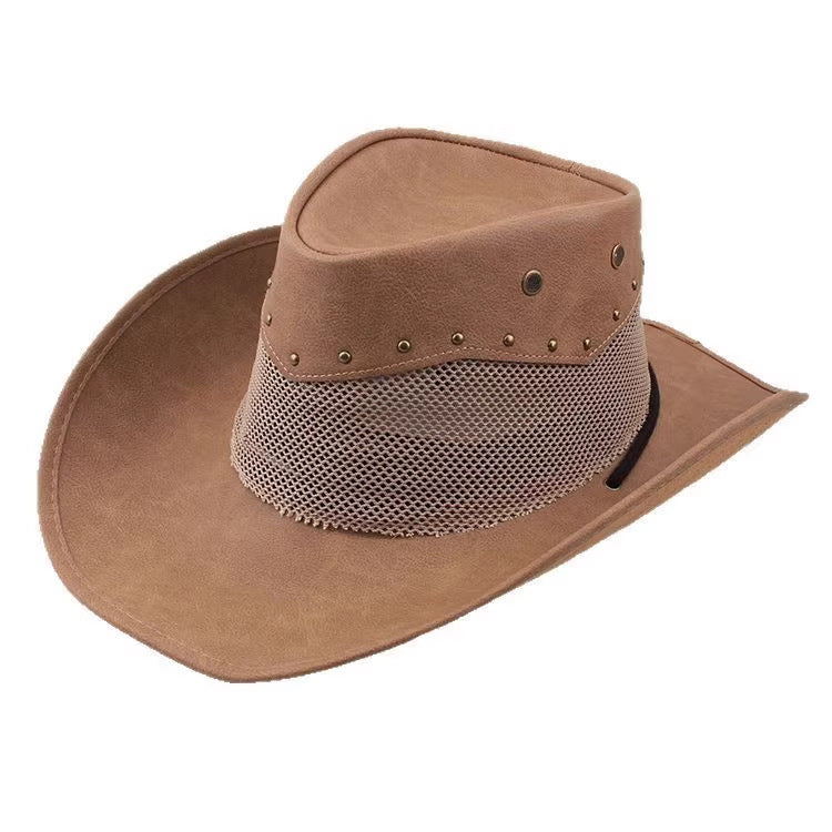 Men Large Brim Leather Sun Hat Cowboy Riding Hat Adjustable