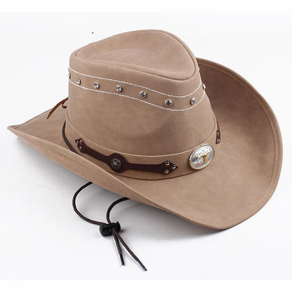 Men Large Brim Leather Sun Hat Cowboy Riding Hat Adjustable