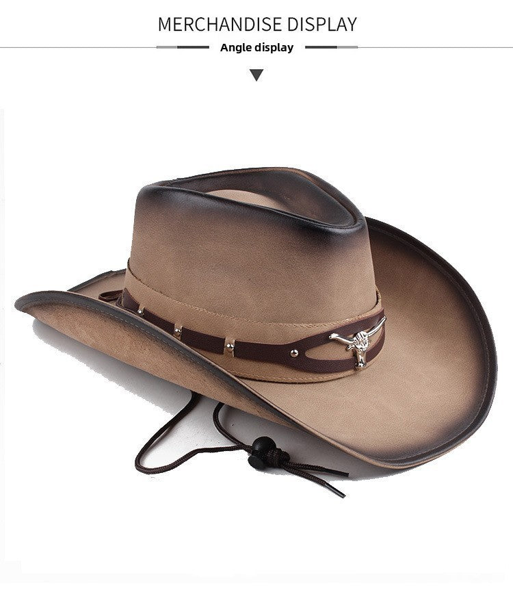Men Large Brim Leather Sun Hat Cowboy Riding Hat Adjustable