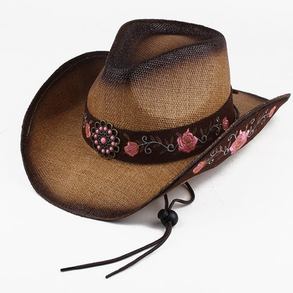 Men Large Brim Leather Sun Hat Cowboy Riding Hat Adjustable