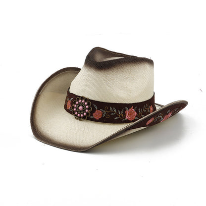 Men Large Brim Leather Sun Hat Cowboy Riding Hat Adjustable