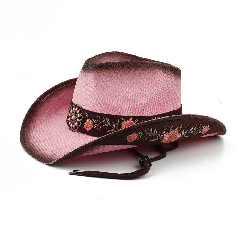 Men Large Brim Leather Sun Hat Cowboy Riding Hat Adjustable