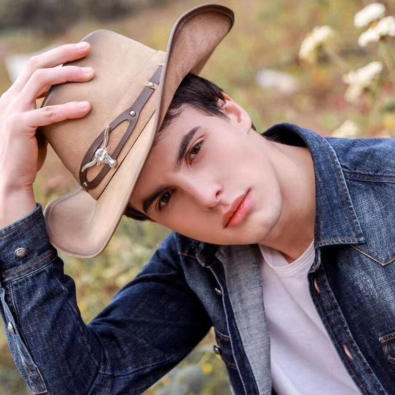 Men Large Brim Leather Sun Hat Cowboy Riding Hat Adjustable