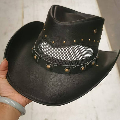 Men Large Brim Leather Sun Hat Cowboy Riding Hat Adjustable