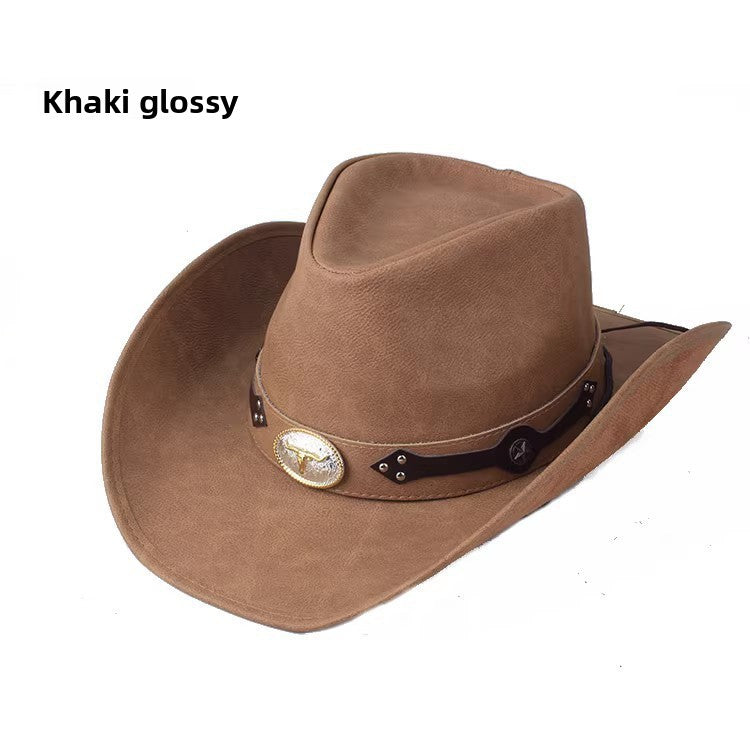 Men Large Brim Leather Sun Hat Cowboy Riding Hat Adjustable