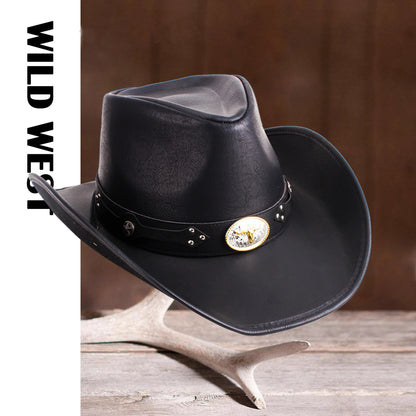 Men Large Brim Leather Sun Hat Cowboy Riding Hat Adjustable