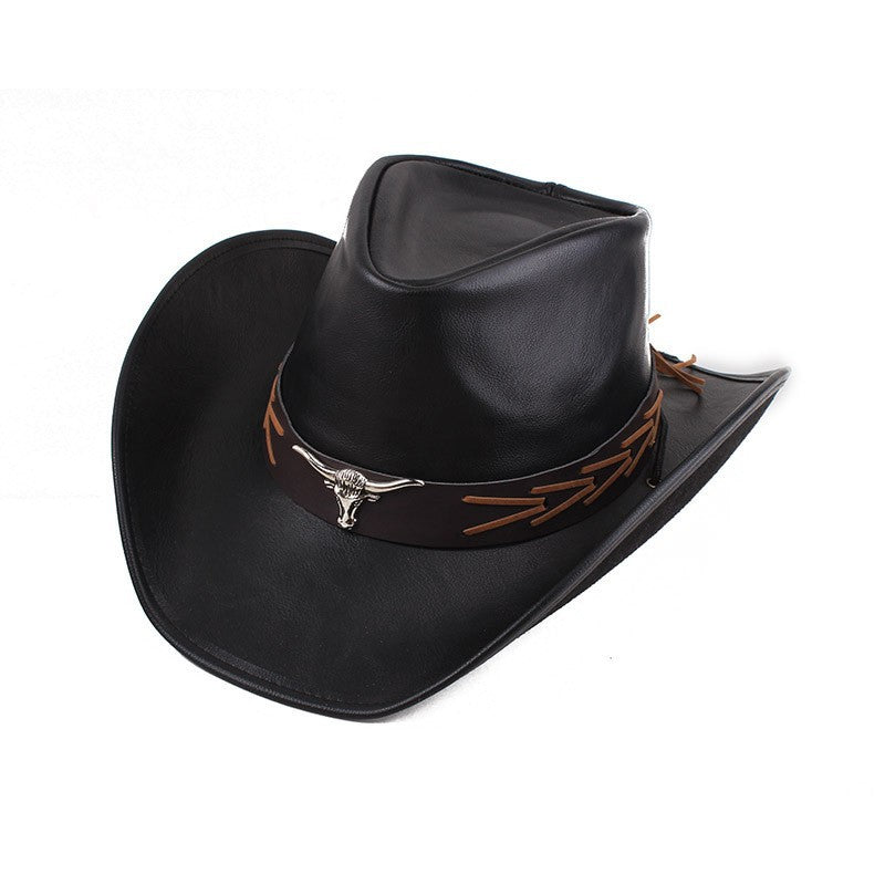 Men Large Brim Leather Sun Hat Cowboy Riding Hat Adjustable