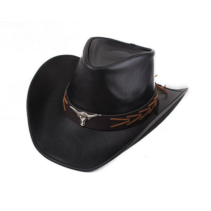 Men Large Brim Leather Sun Hat Cowboy Riding Hat Adjustable