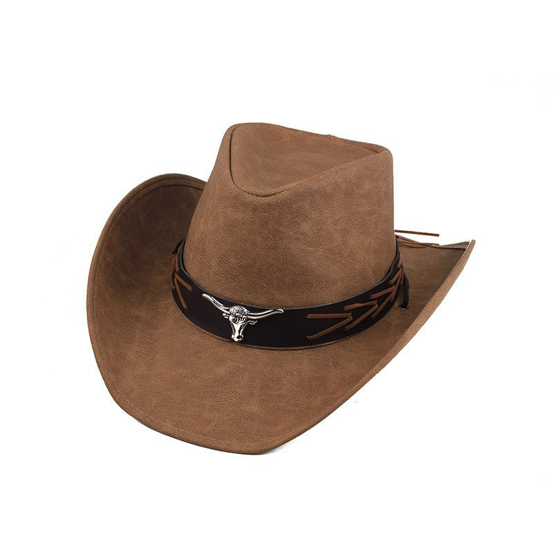 Men Large Brim Leather Sun Hat Cowboy Riding Hat Adjustable