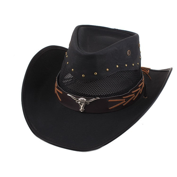 Men Large Brim Leather Sun Hat Cowboy Riding Hat Adjustable
