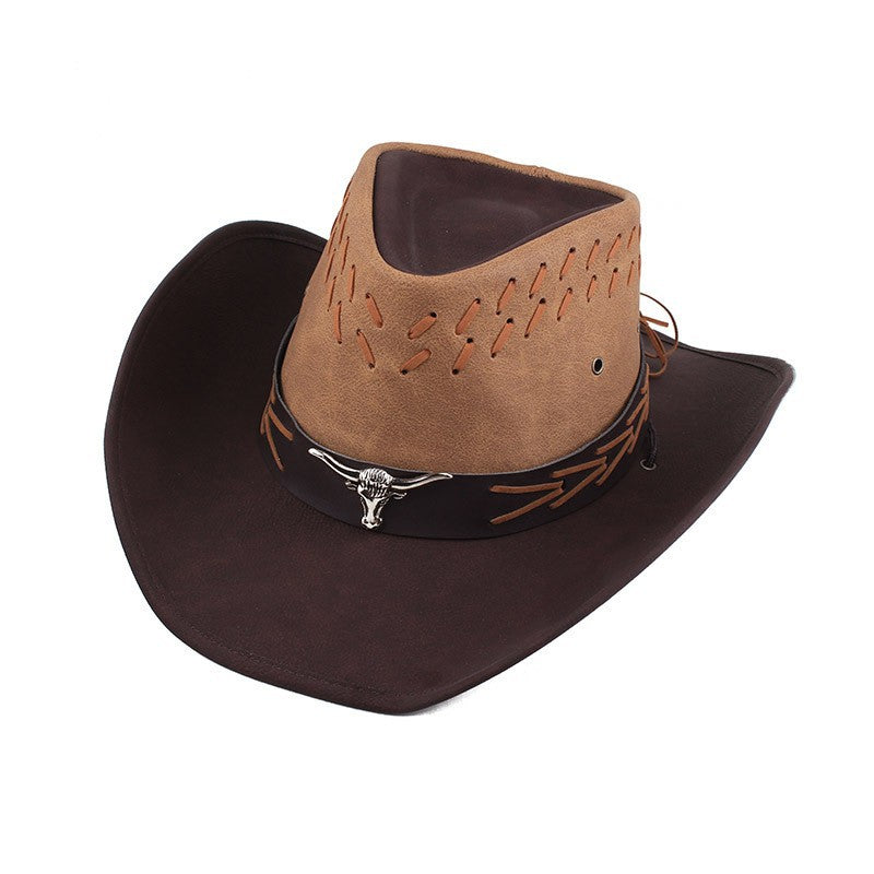 Men Large Brim Leather Sun Hat Cowboy Riding Hat Adjustable
