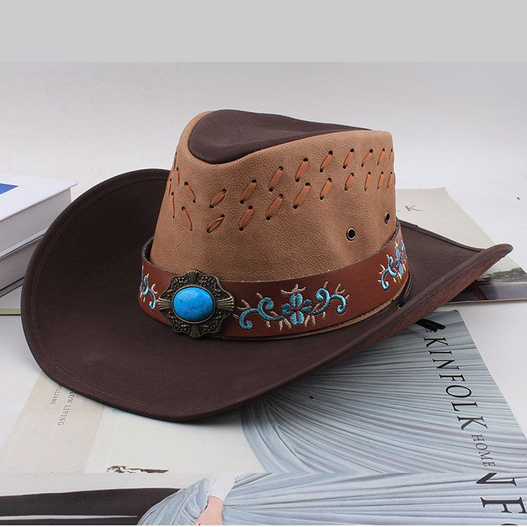 Men Large Brim Leather Sun Hat Cowboy Riding Hat Adjustable