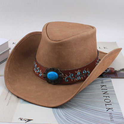 Men Large Brim Leather Sun Hat Cowboy Riding Hat Adjustable