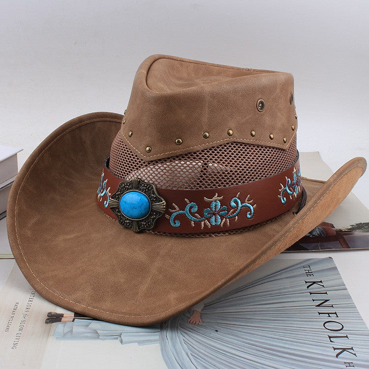 Men Large Brim Leather Sun Hat Cowboy Riding Hat Adjustable