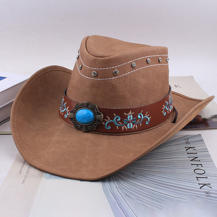 Men Large Brim Leather Sun Hat Cowboy Riding Hat Adjustable