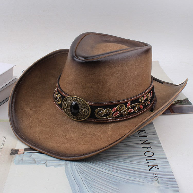 Men Large Brim Leather Sun Hat Cowboy Riding Hat Adjustable