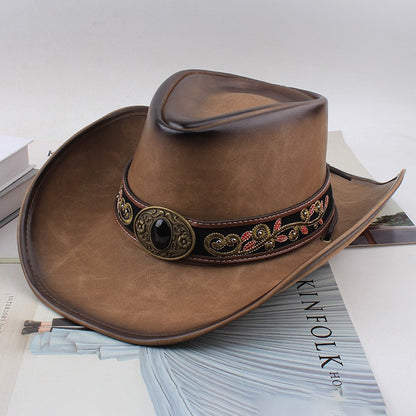 Men Large Brim Leather Sun Hat Cowboy Riding Hat Adjustable
