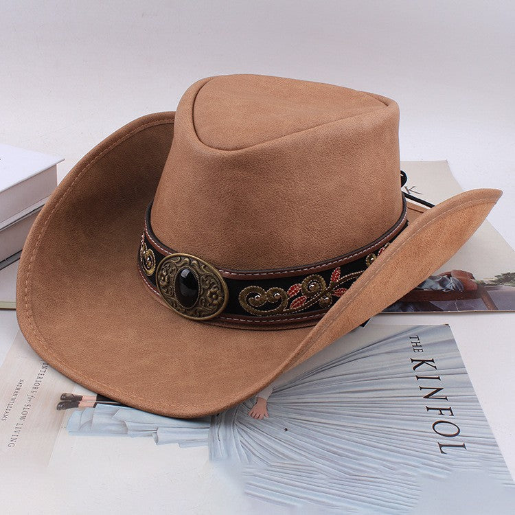 Men Large Brim Leather Sun Hat Cowboy Riding Hat Adjustable