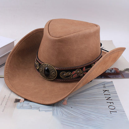Men Large Brim Leather Sun Hat Cowboy Riding Hat Adjustable