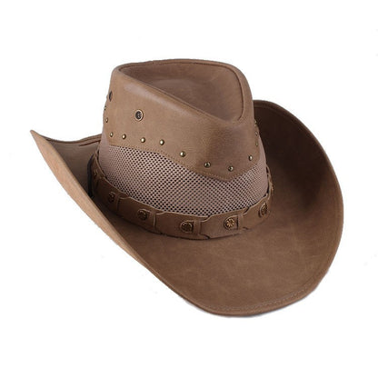 Men Large Brim Leather Sun Hat Cowboy Riding Hat Adjustable