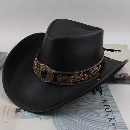 Men Large Brim Leather Sun Hat Cowboy Riding Hat Adjustable