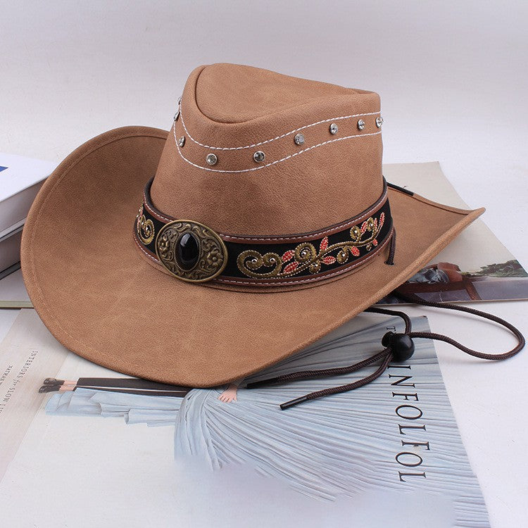 Men Large Brim Leather Sun Hat Cowboy Riding Hat Adjustable