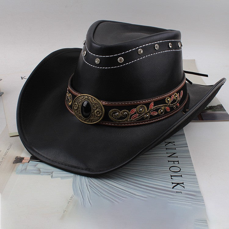 Men Large Brim Leather Sun Hat Cowboy Riding Hat Adjustable