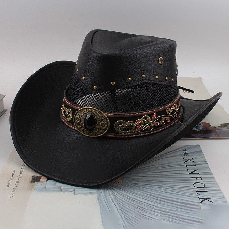 Men Large Brim Leather Sun Hat Cowboy Riding Hat Adjustable