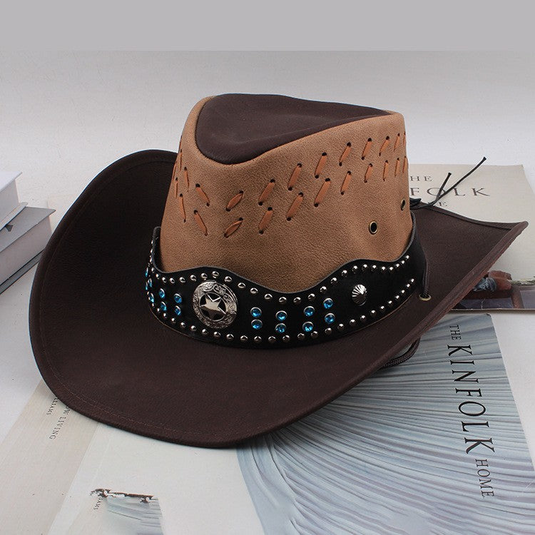 Men Large Brim Leather Sun Hat Cowboy Riding Hat Adjustable