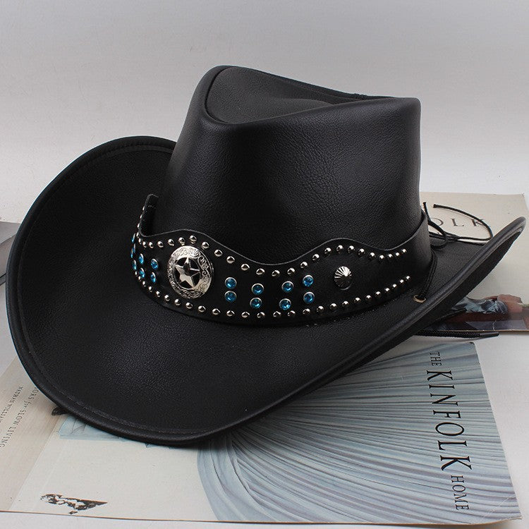 Men Large Brim Leather Sun Hat Cowboy Riding Hat Adjustable