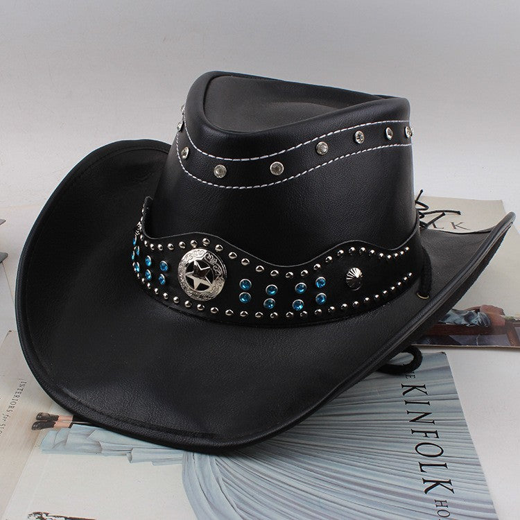 Men Large Brim Leather Sun Hat Cowboy Riding Hat Adjustable