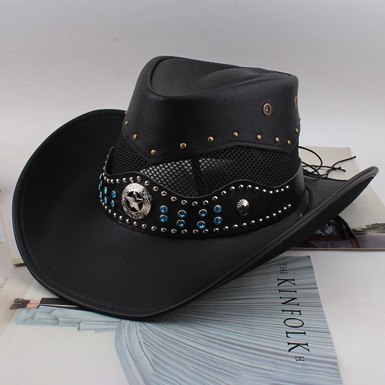 Men Large Brim Leather Sun Hat Cowboy Riding Hat Adjustable