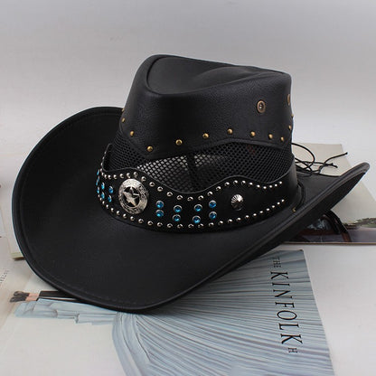 Men Large Brim Leather Sun Hat Cowboy Riding Hat Adjustable
